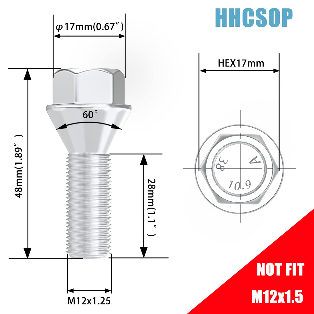 12x1.25 Lug Bolts, 20PCS Wheel Bolts 28mm Shank 17mm Hex 48mm Length Conical Seat 60 Degree Solid Chrome Studs Set for 2014-2020 Jeep Renegade | 2018-2020 Jeep Compass | 2014-2020 Jeep Cherokee