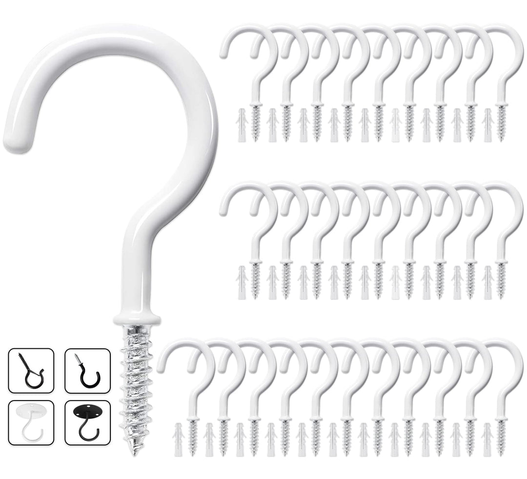 30 Pcs Ceiling Hooks for Hanging Plants, Cups, Utensils and Lights, 1-1/4 inch Vinyl Coated Screw-in Plant and Cup Hooks for Wooden and Drywall with Anchors
