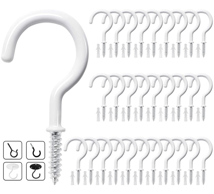 30 Pcs Ceiling Hooks for Hanging Plants, Cups, Utensils and Lights, 1-1/4 inch Vinyl Coated Screw-in Plant and Cup Hooks for Wooden and Drywall with Anchors