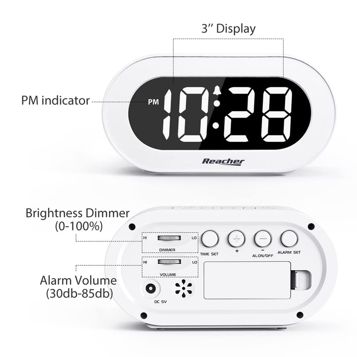 Small LED Digital Alarm Clock with Snooze, Simple to Operate, Full Range Brightness Dimmer, Adjustable Alarm Volume, Outlet Powered Compact Clock for Bedrooms, Bedside, Desk, Shelf(White)