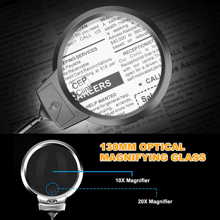 Magnifying Lamp, 10X 5X Desktop Magnifying Glasses with Light and Stand Hands Free Led Magnifying Glass 360° Flexible Magnifier Lamp for Crafts, Reading, Studying,Sewing, Repairing, Hobbies