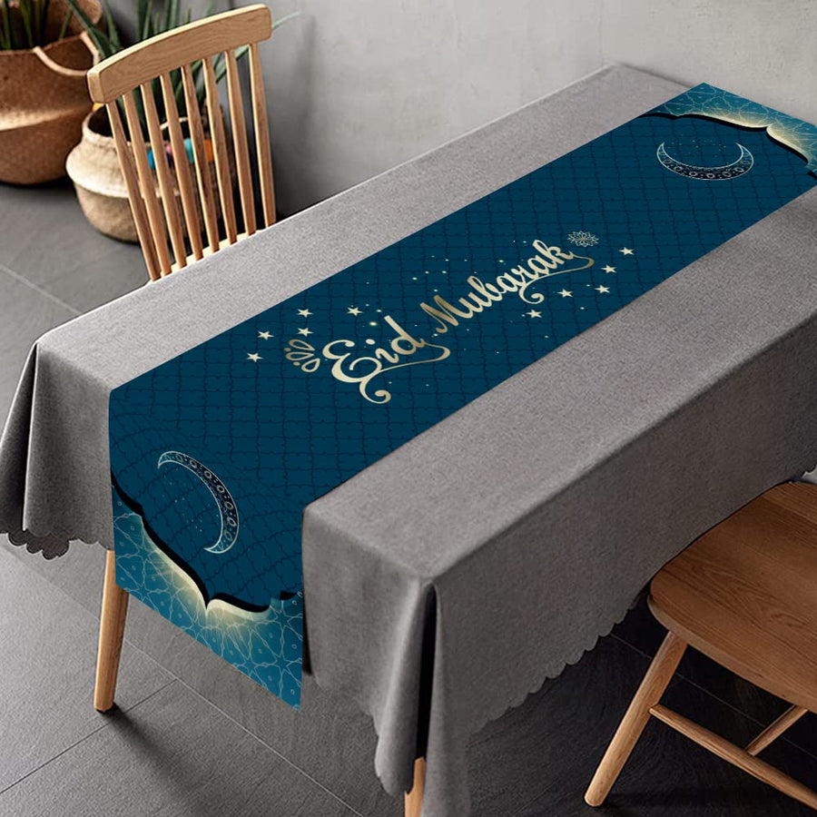 Ramadan Mubarak Table Runner with 71X13.8 inch,Eid Mubarak Table Runner,Muslim Islamic Table Runner for Eid Mubarak Party Decorations Home Dinning Room Decoration (Bluegreen)