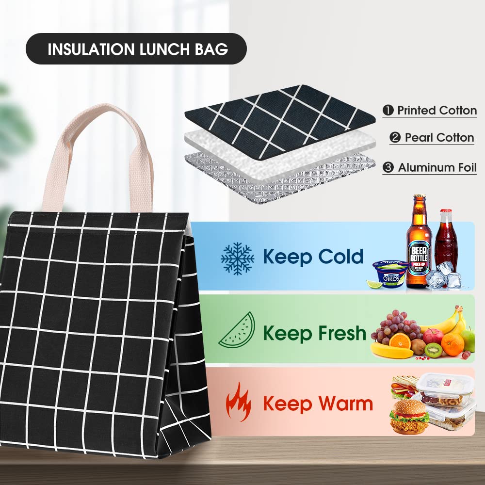 Reusable Lunch Bag Insulated Lunch Box Canvas Fabric with Aluminum Foil, Lunch Tote Handbag for Women,Men,Office (Black Plaid)