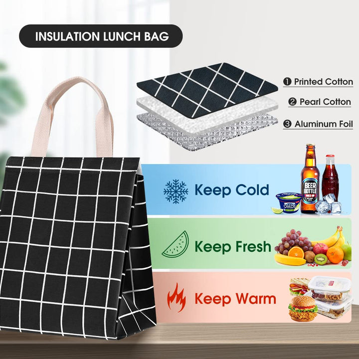 Reusable Lunch Bag Insulated Lunch Box Canvas Fabric with Aluminum Foil, Lunch Tote Handbag for Women,Men,Office (Black Plaid)