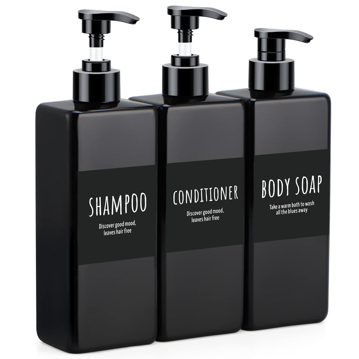 Shampoo and Conditioner Dispenser Refillable, 3pcs 16.9oz Shower Bottles Soap Dispenser with Labels, 500ml Empty Plastic Square Pump Bottle Dispenser Body Wash Containers for Bathroom Black
