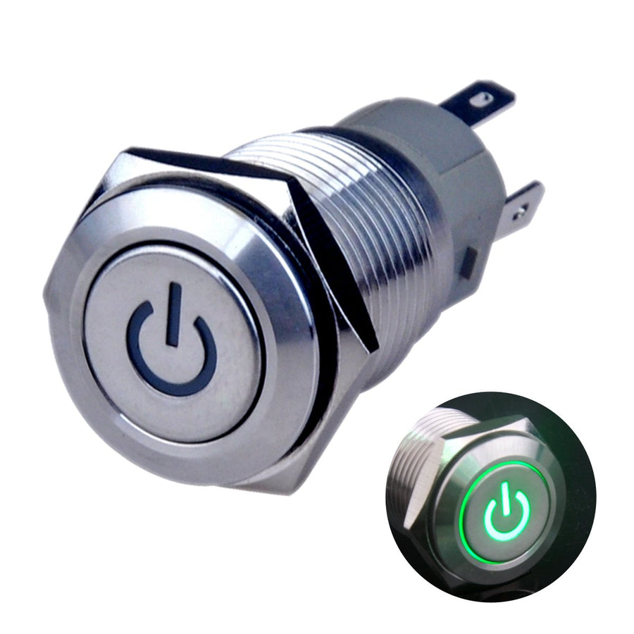 Latching Push Button Switch U16F5 1NO1NC SPDT ON/Off Silver Stainless Steel Shell with Green Power Symbol LED Suitable for 16mm 5/8 Mounting Hole (Green)