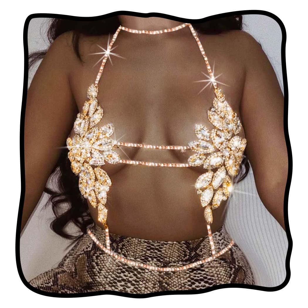 Rhinestone Body Chain Jewelry Sparkly Crystal Bra Bikini Chains Summer Beach Body Chains for Women (Gold)