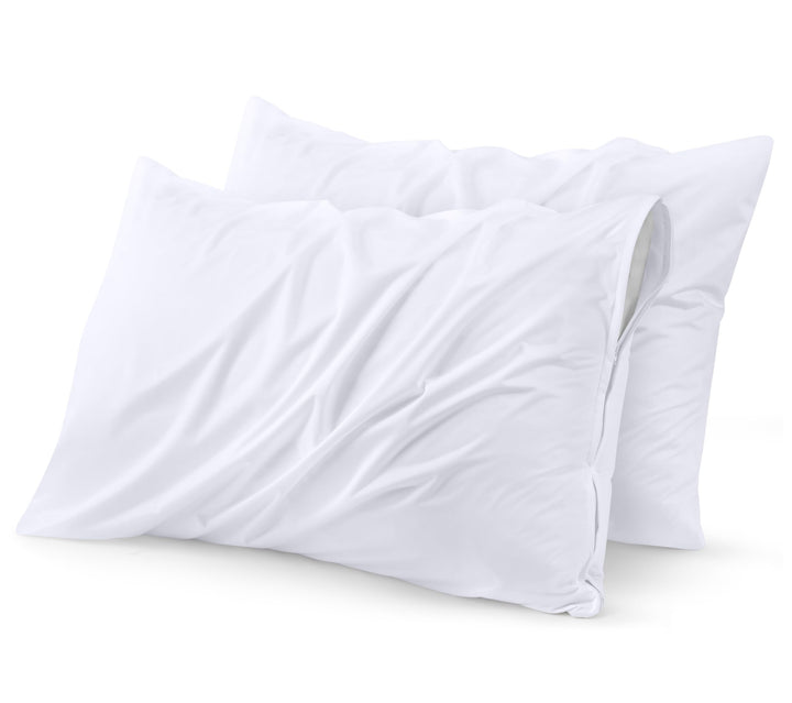 Waterproof Pillow Protectors Zippered (2 Pack, White) Queen Size, Zippered Pillowcases, Bed Bug Proof Pillow Encasement Covers 20 x 28 Inches