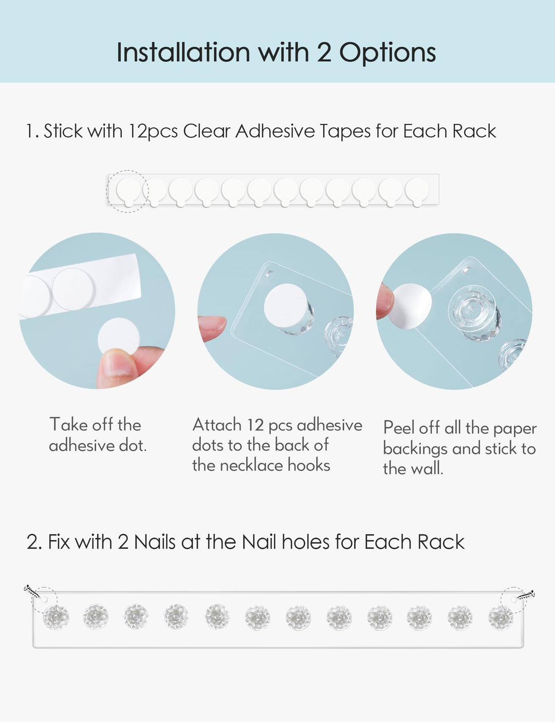 Necklace Holder, Acrylic Necklace Hanger, Wall Mount Necklace Organizer, Jewelry Hooks for Necklaces, Bracelets, Chains (2-pack Clear)