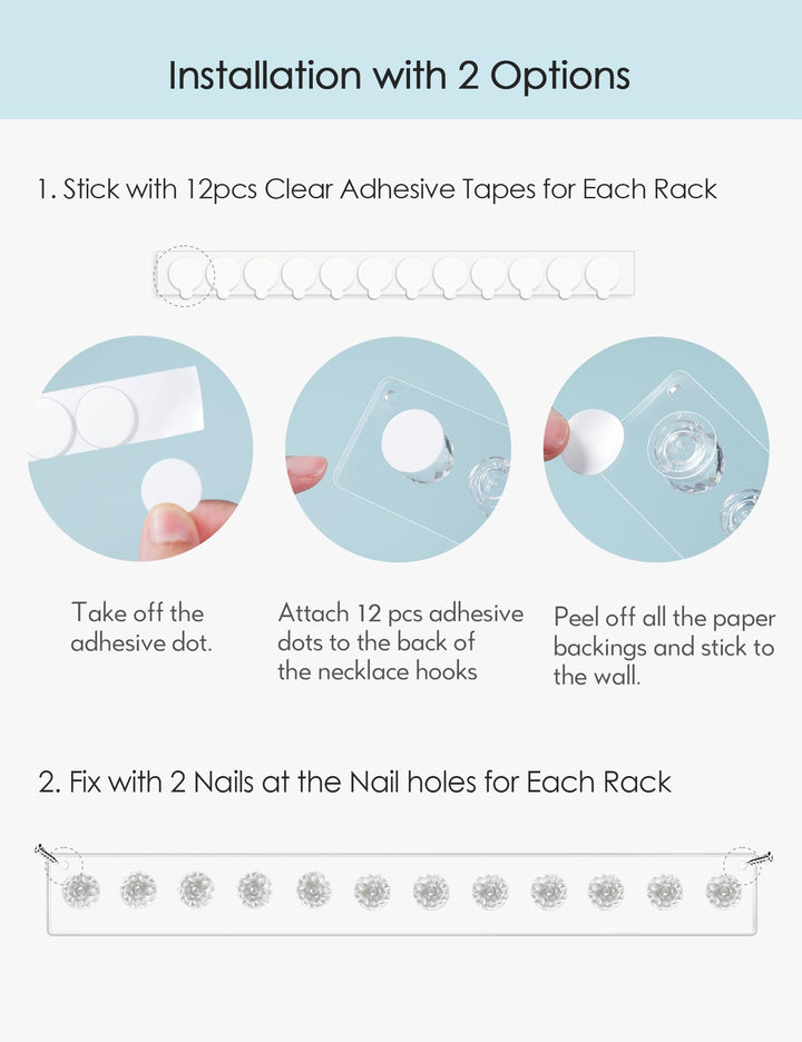 Necklace Holder, Acrylic Necklace Hanger, Wall Mount Necklace Organizer, Jewelry Hooks for Necklaces, Bracelets, Chains (2-pack Clear)