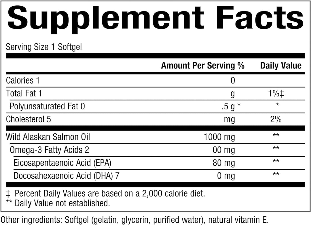 , Wild Alaskan Salmon Oil Provides Omega-3, EPA, DHA &amp; Vitamin D, Supports Brain &amp; Heart Health, 180 Count (Pack of 1)
