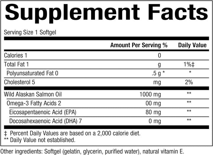 , Wild Alaskan Salmon Oil Provides Omega-3, EPA, DHA &amp; Vitamin D, Supports Brain &amp; Heart Health, 180 Count (Pack of 1)