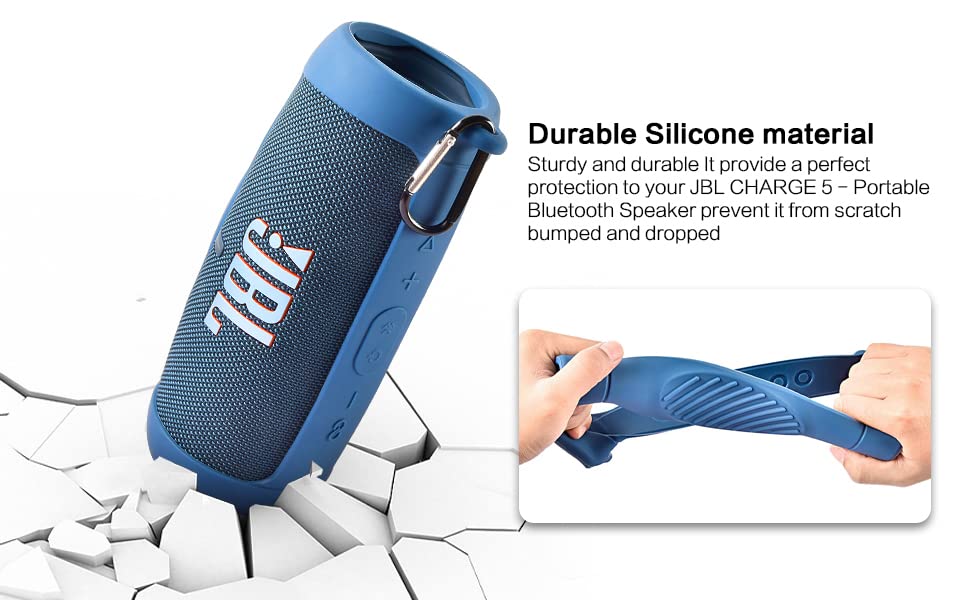 Silicone Case Cover for JBL Charge 5 Waterproof Portable Bluetooth Speaker, Travel Carrying Protective Gel Soft Skin, Waterproof Rubber Pouch with Shoulder Strap and Carabiner - Blue