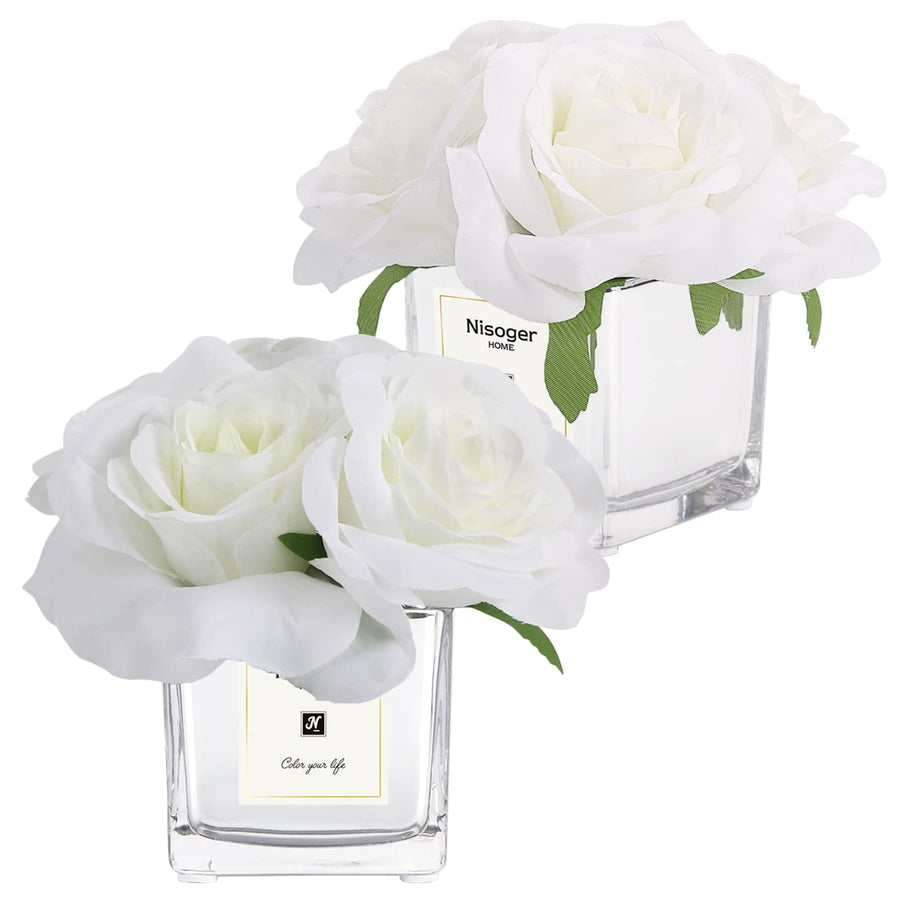 2 Pack Fake Flowers with Vase, Silk Roses Artificial Flowers in Vase, Faux Flower Arrangement with Vase Suitable for Home Office Decoration, Dining Table Centerpiece