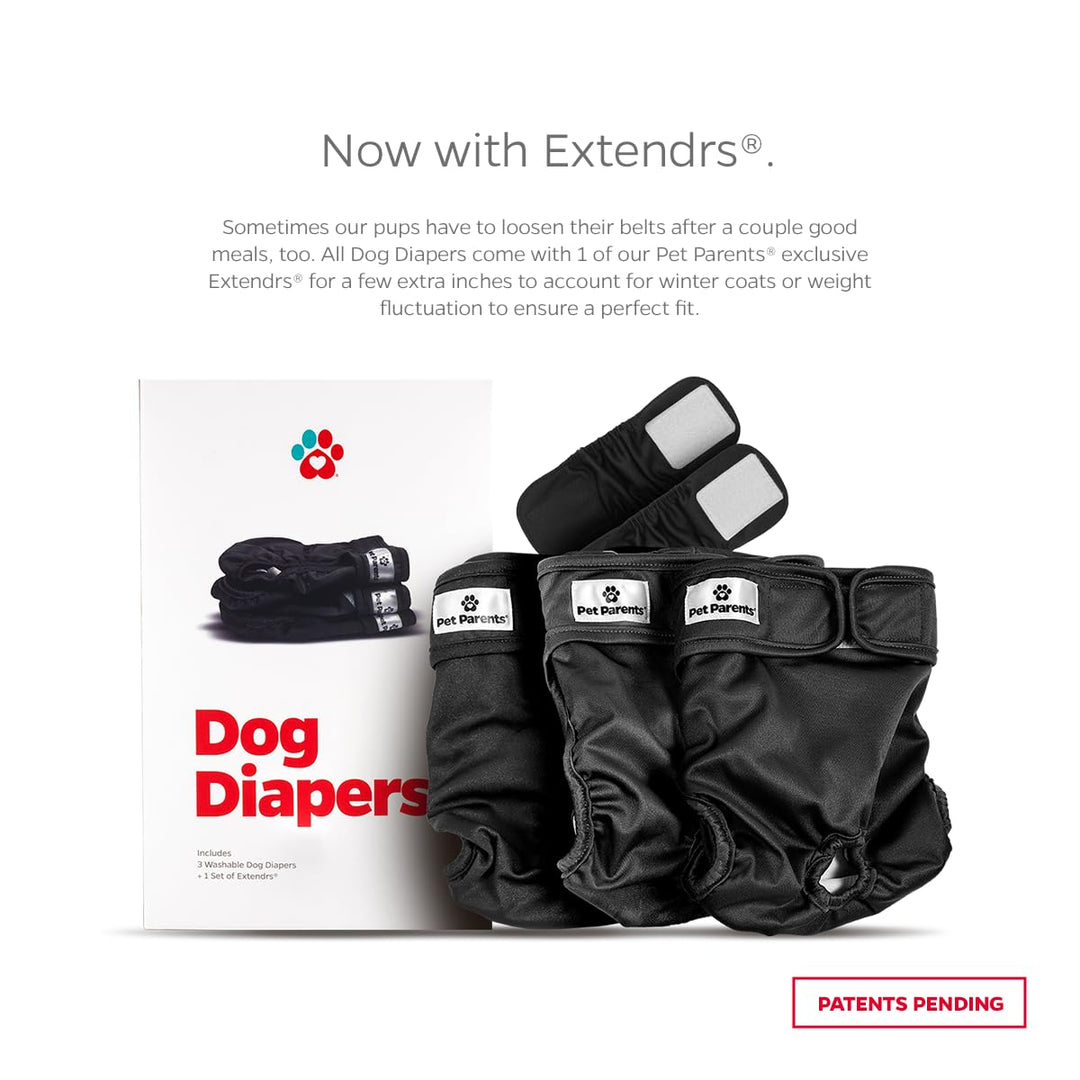 ® Washable Dog Diapers (3pack) + Extendrs® of Durable Doggie Diapers, Premium Dog Diapers Female &amp; Male (Medium, Black)