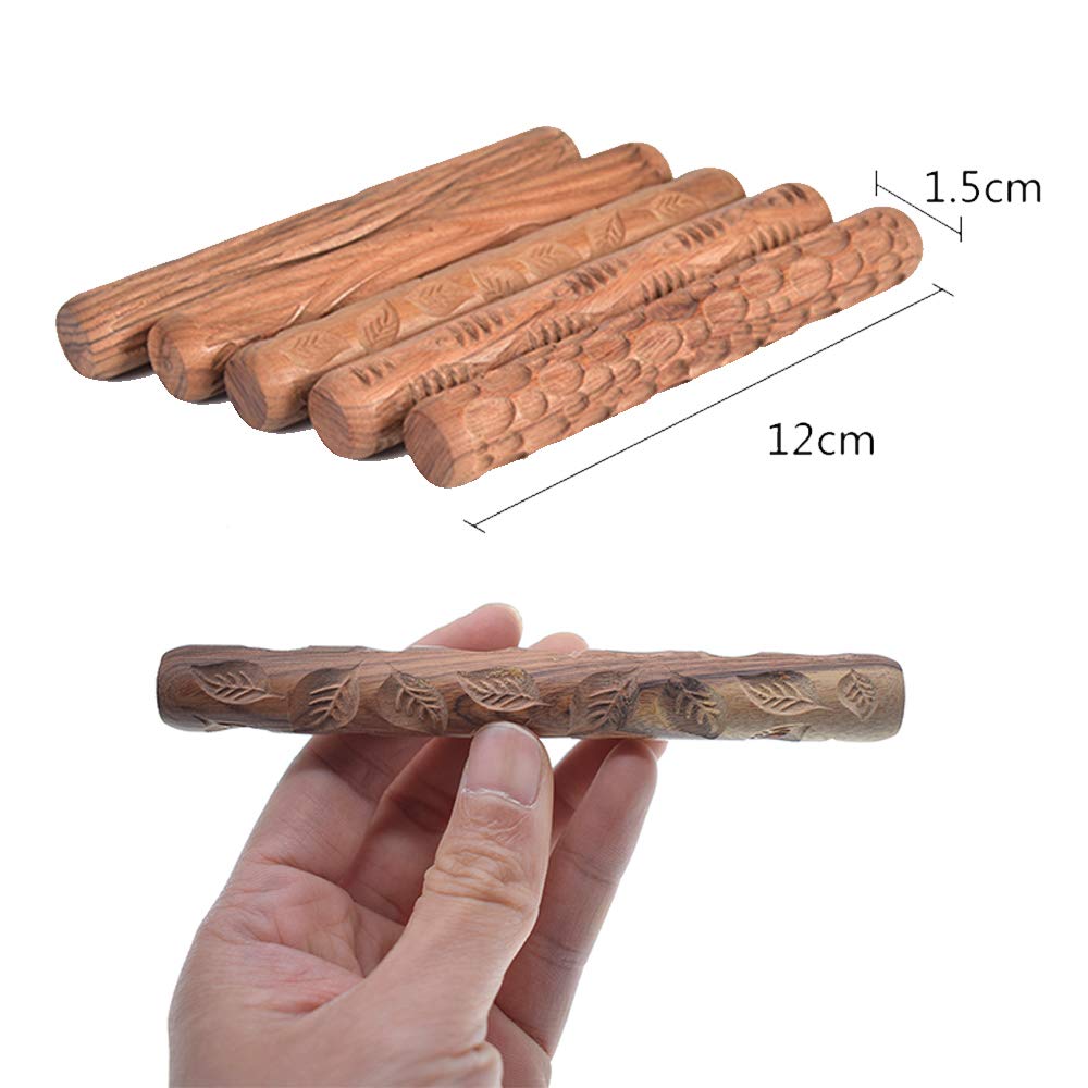 5Pcs Wooden Clay Texture Rolling Emboss Plaid Hand Rollers Polymer Clay Ceramic Pattern Pottery Tools