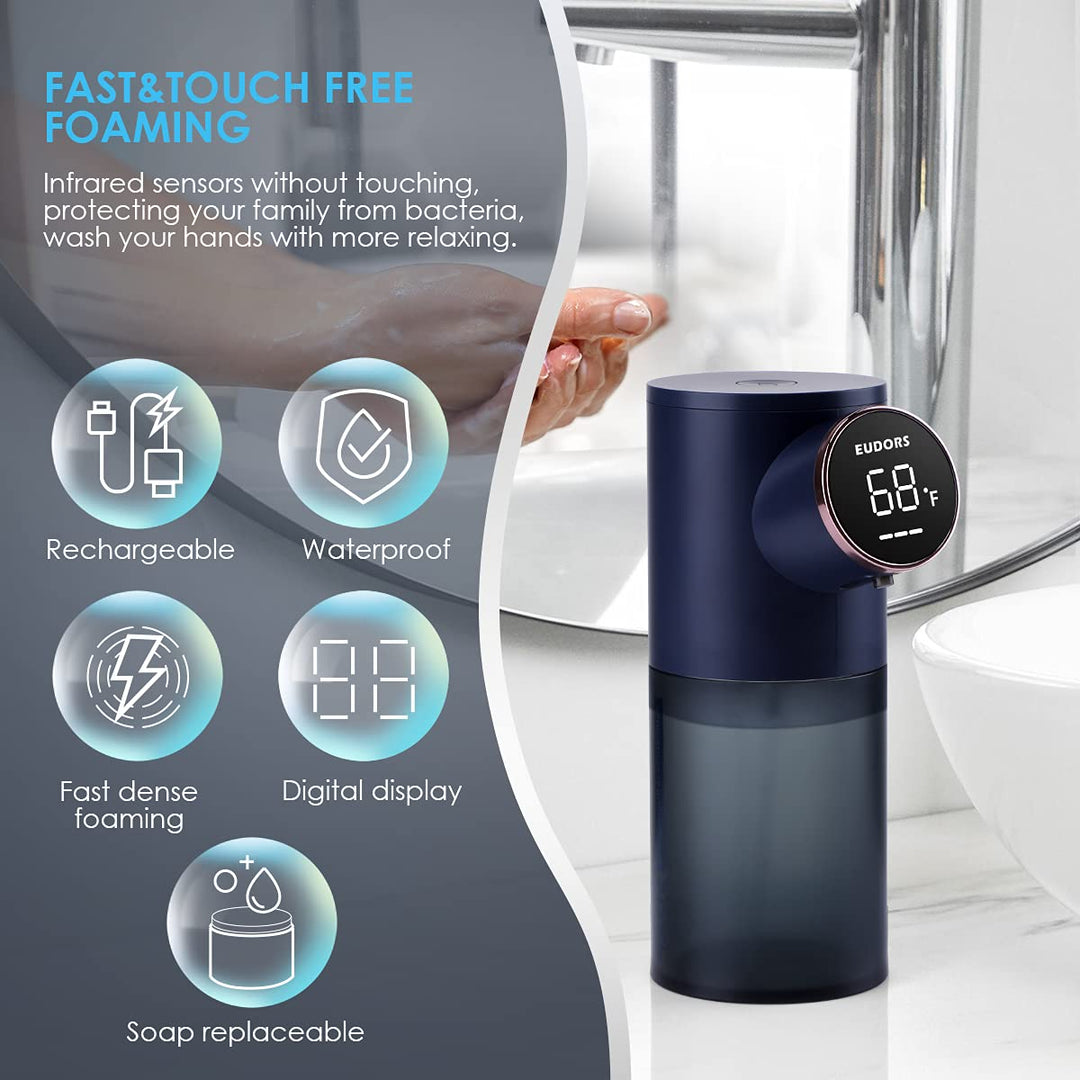 Automatic Touchless Soap Dispenser for Kitchen Sink, Electric Dish Foam Soap Dispenser with Temperature Display, Rechargeable Waterproof Soap Dispenser for Bathroom, Office, Hotel, Restaurant, Blue