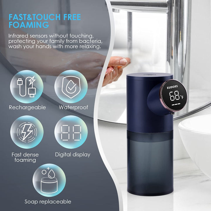 Automatic Touchless Soap Dispenser for Kitchen Sink, Electric Dish Foam Soap Dispenser with Temperature Display, Rechargeable Waterproof Soap Dispenser for Bathroom, Office, Hotel, Restaurant, Blue