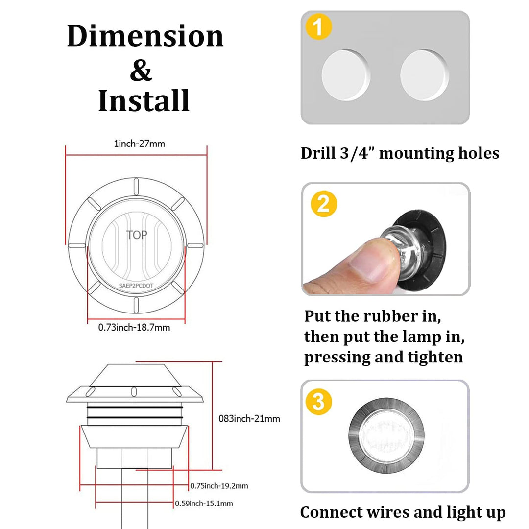 10x 3/4 Round LED Clearence Light Front Rear Side Marker Indicators Light for Truck Car Bus Trailer Van Caravan Boat, Taillight Brake Stop Lamp (White, 12V)