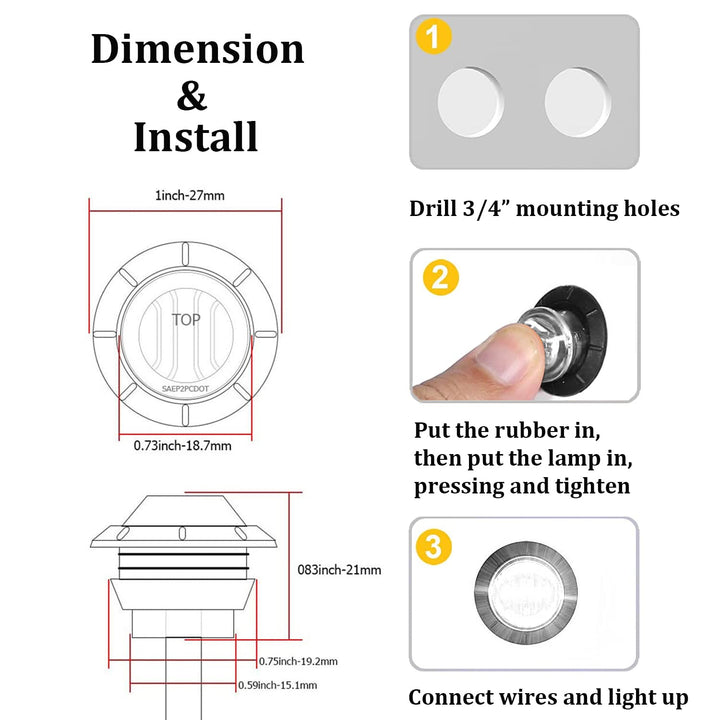 10x 3/4 Round LED Clearence Light Front Rear Side Marker Indicators Light for Truck Car Bus Trailer Van Caravan Boat, Taillight Brake Stop Lamp (White, 12V)