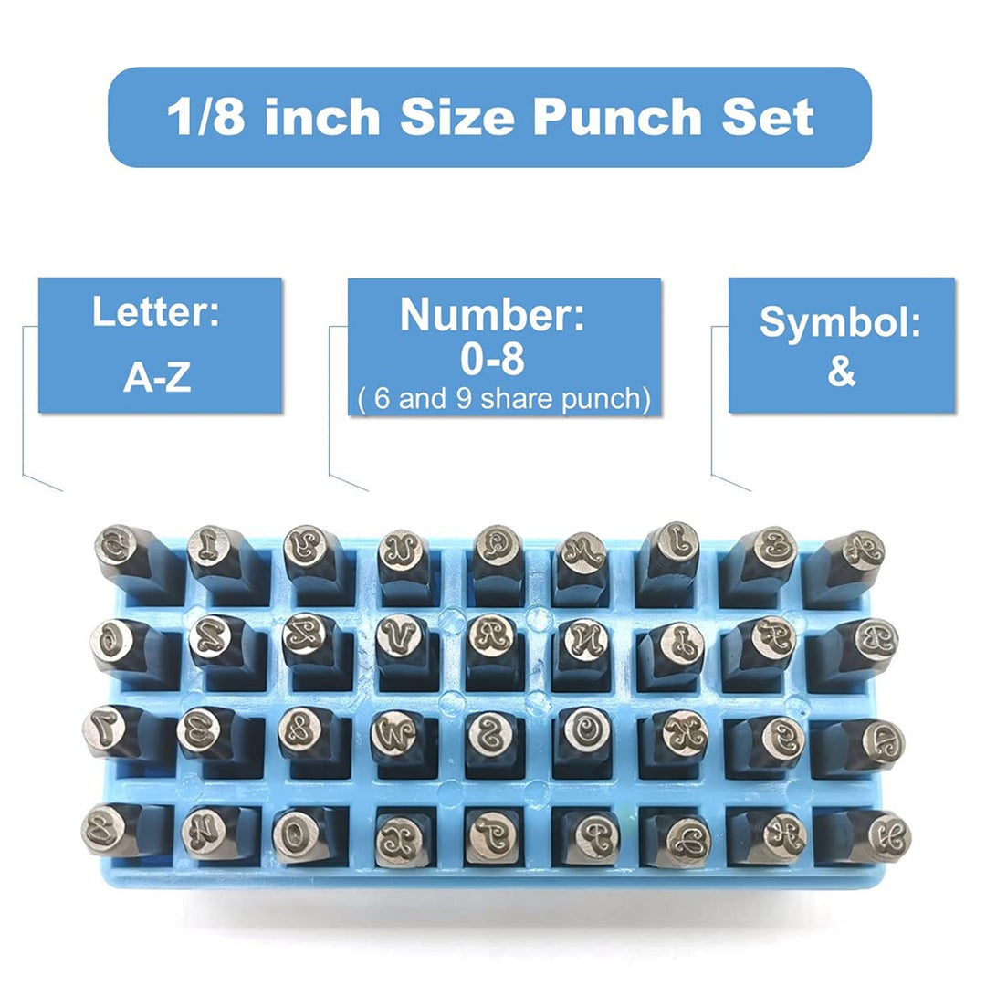 QueenLeather 36PCS 3mm (1/8) Letter &amp; Number Metal Stamping Kit Uppercase Steel Punch Making Set Press Tool for Imprinting Jewelry Wood Leather (Cursive Font)