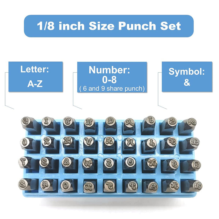 QueenLeather 36PCS 3mm (1/8) Letter &amp; Number Metal Stamping Kit Uppercase Steel Punch Making Set Press Tool for Imprinting Jewelry Wood Leather (Cursive Font)
