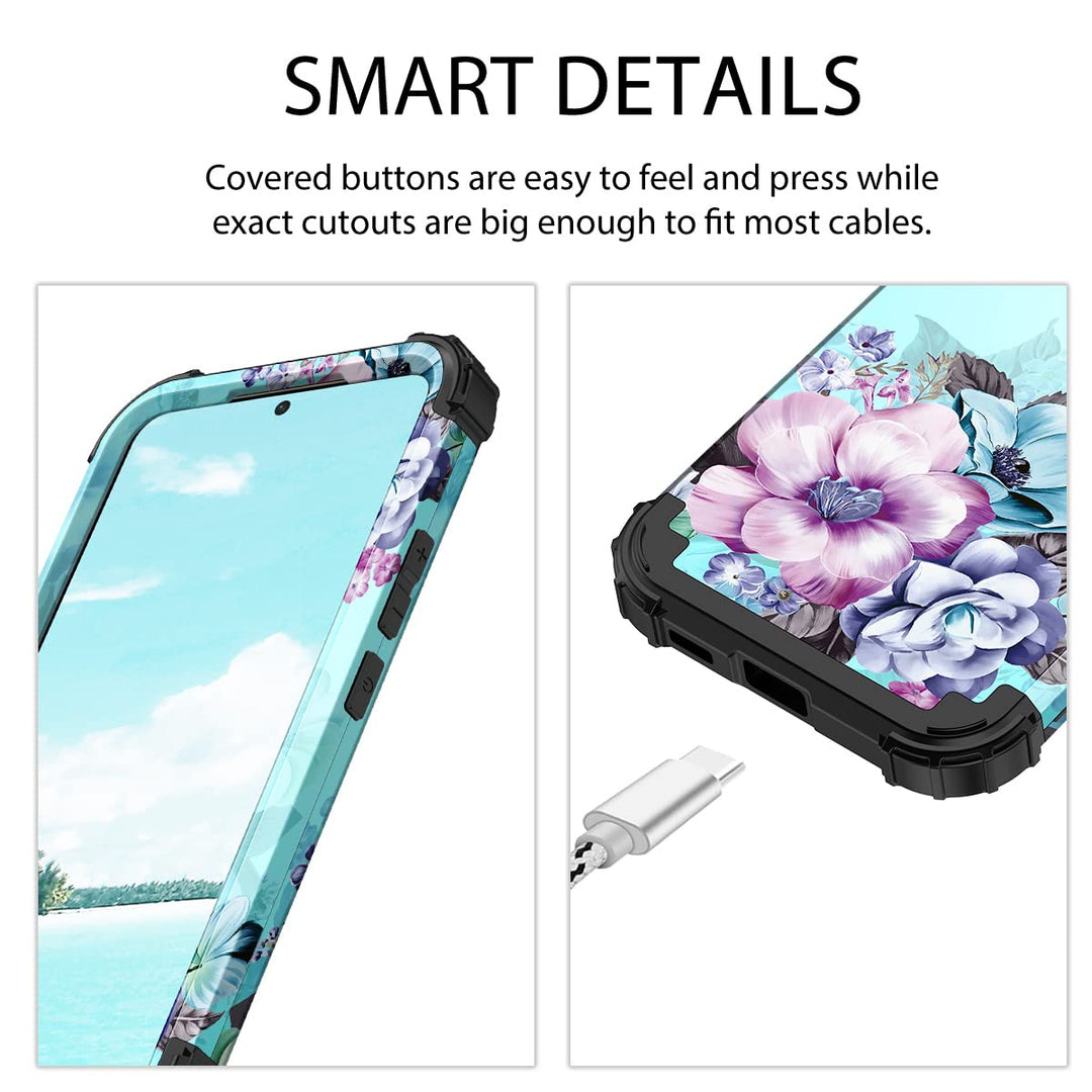 Compatible with Galaxy S22 5G Case,Floral Three Layer Heavy Duty Sturdy Shockproof Full Body Protective Cover Case for Samsung Galaxy S22 5G,Blue Flower