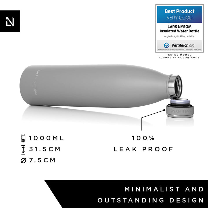 Stainless Steel Insulated Water Bottle 12oz 17oz 25oz 34oz 51oz | Insulated Thermo Flask for Hot and Cold Beverages | Leakproof Drinking Bottle (Ash Gray, 1000ml)