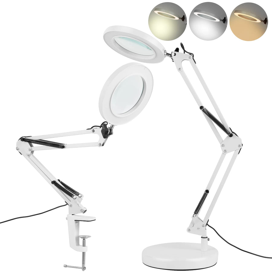 5X Magnifying Glass Lamp, 2-in-1 Magnifier Desk lamp with Clamp and Stand, 8-Diopter Real Glass Lens 3 Color Modes Stepless Dimmable Swivel Arm Magnifying Lamp for Reading Craft Close Work(White)