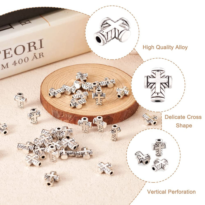 100Pcs Antique Silver Tiny Cross Spacer Beads 10x8mm Tibetan Metal Crucifix Cross Holy Charm Beads for Jewelry Maing Hole: 2mm