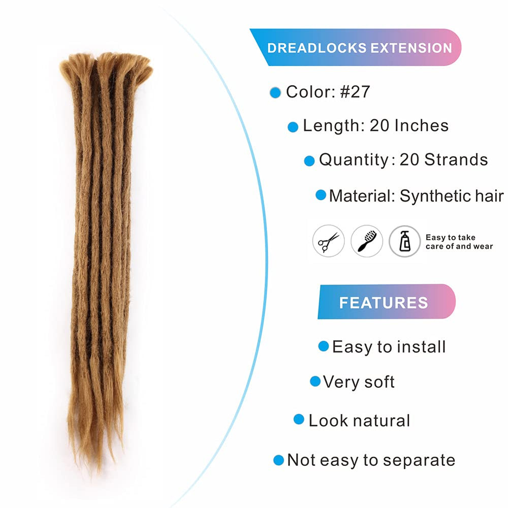 Dreadlock Extensions - 20 Inch Synthetic Braids, Soft faux Locs, Dreads, Crochet Locs, Hip-Hop Style, Dreadlocks Extension Braiding Hair For Women/Men (20 Inch (20 Strands/Pack), 27#)