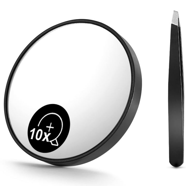 OMIRO 10X(300R) & 25X(150R) Magnifying Mirrors and Two Eyebrow Tweezers Kits, 3.5 Two Suction Cups Magnifier Travel Set