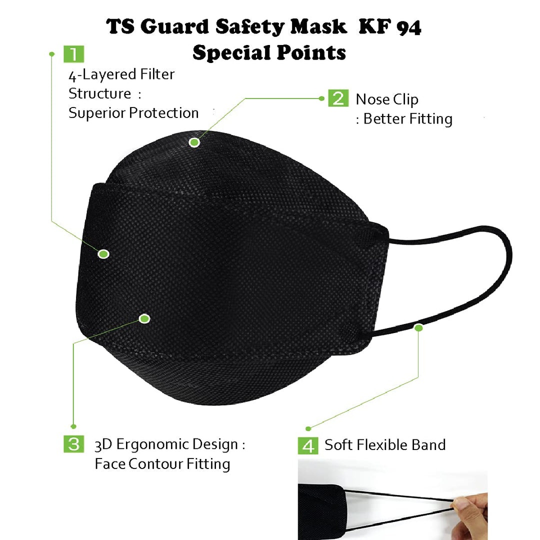 30 Pack KF94 Mask, Certified, Black TS Guard Safety Face Mask ; 4-Layered Protection, Tri-Folding Style, 3D-Ergonomic Design, Black Color, Large Size, Made in Korea. (30)