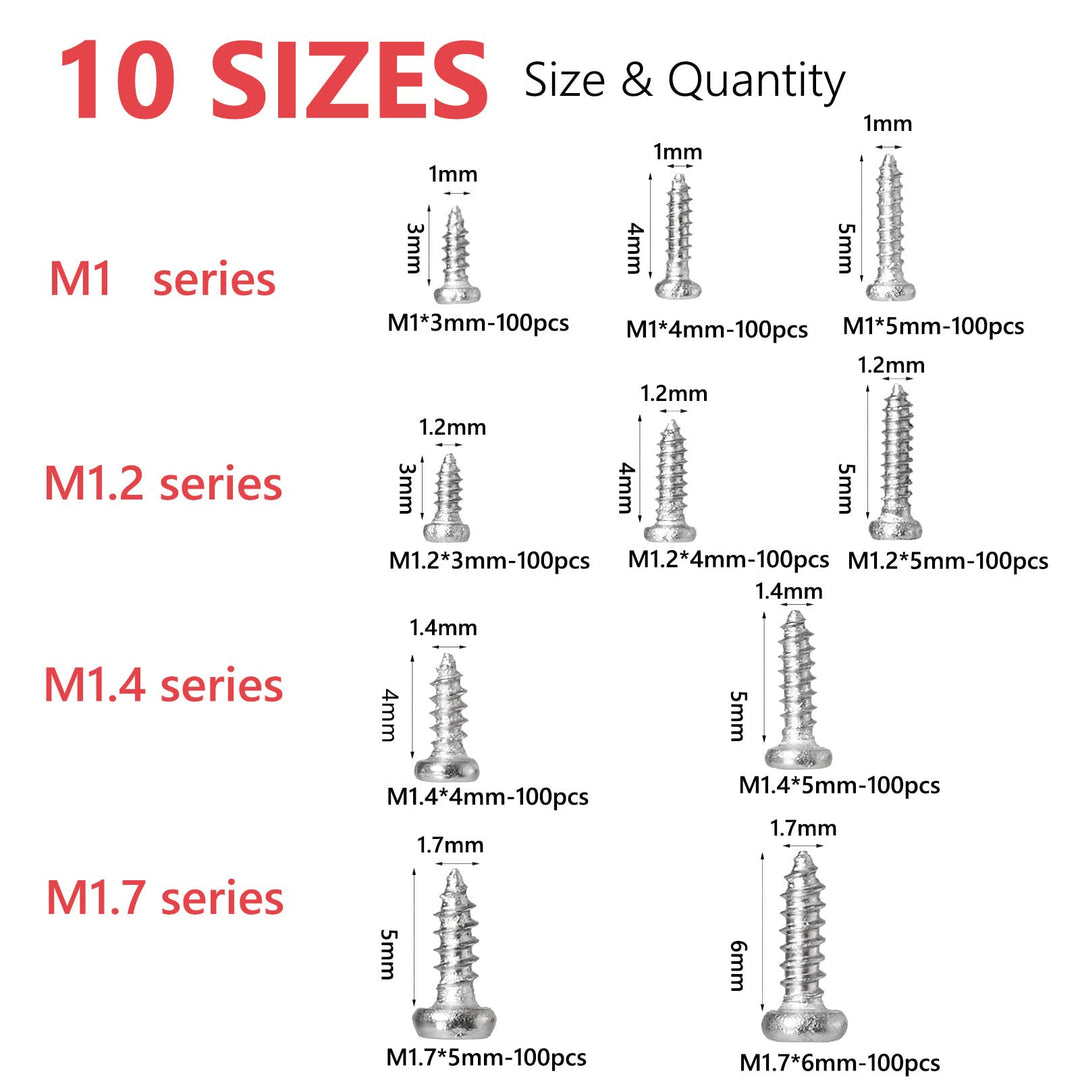 Carbon Steel Micro Eyelass Repair Screws Kit M1 M1.2 M1.4 M1.7 Tiny Phillips Round Head Watch Repair Screw , 1000 pcs Small Sunglass Self-Tapping Phillips Screws with Tweezers