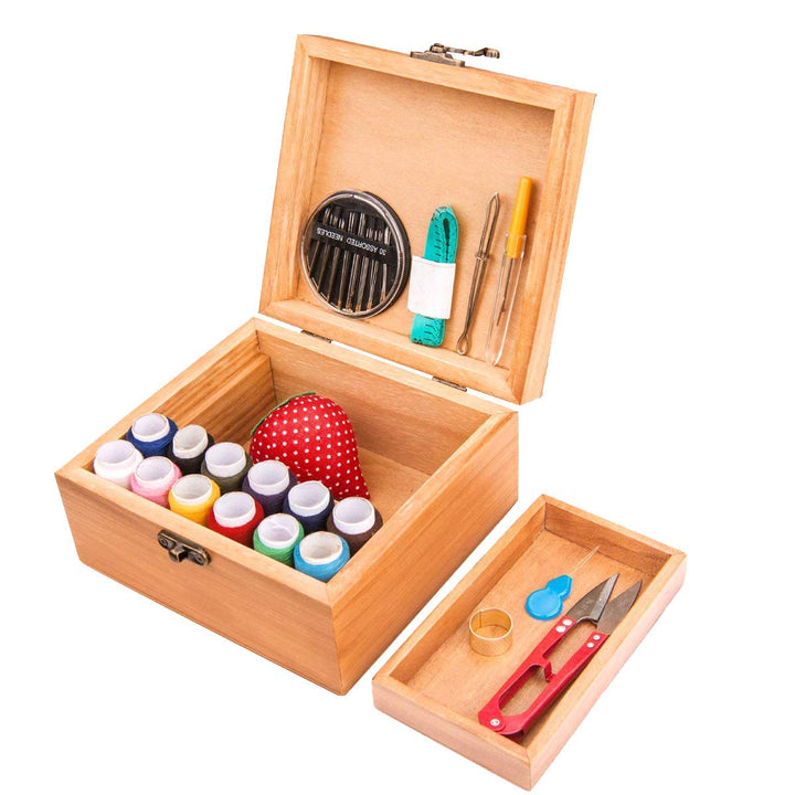 Sewing Kit, Wooden Sewing Kit Box for Adults, Wooden Sewing Basket with Accessories, Home Sewing Basket Stitching Repair Kit for Beginner, Women, Men (Brown)