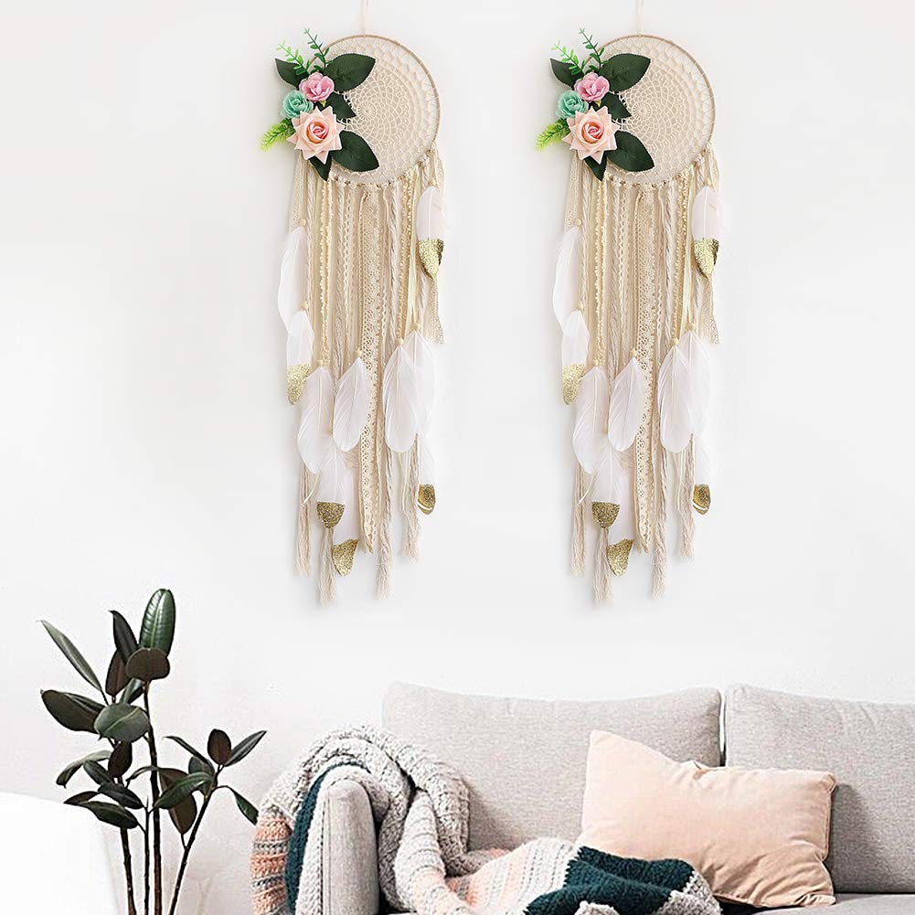 Dream Catcher for Kids Bedroom White and Gold Feather Dream Catchers with Flowers Wall Decor Handmade Room Hanging Wedding Decoration Crafts Gift