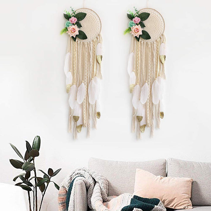 Dream Catcher for Kids Bedroom White and Gold Feather Dream Catchers with Flowers Wall Decor Handmade Room Hanging Wedding Decoration Crafts Gift