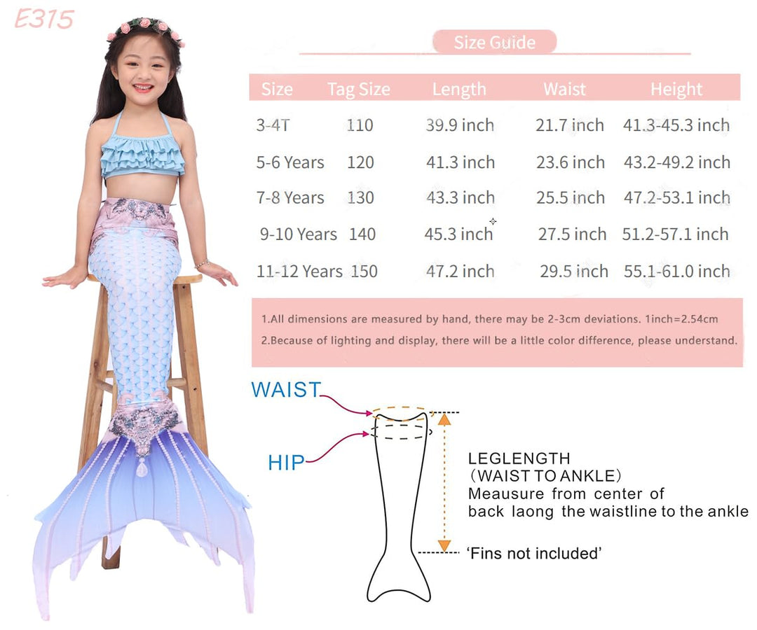 6PCS Set Swimsuit Girls Mermaid Tails for Swimming Bathing Suit Swimwear Swimsuit Bikini Set Mermaid Costume (11-12 Years, E315)