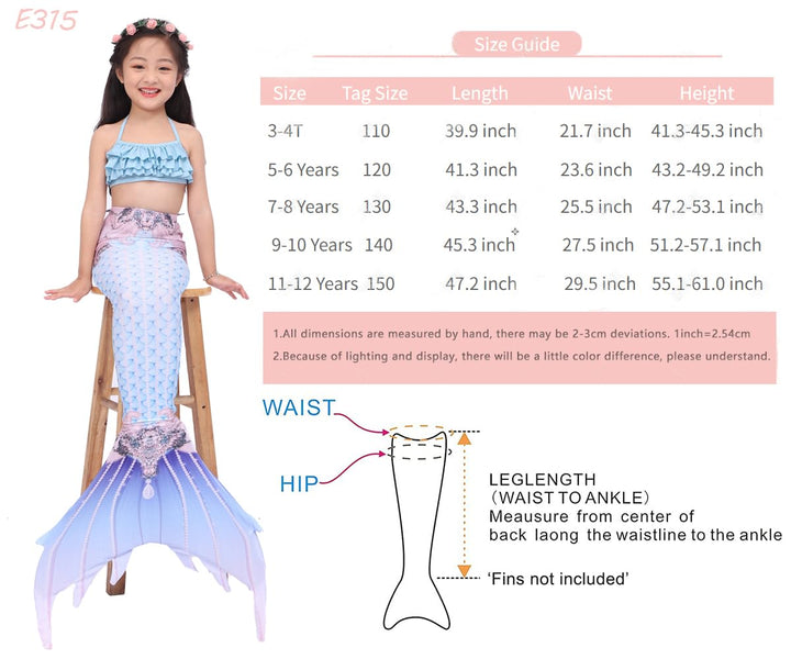 6PCS Set Swimsuit Girls Mermaid Tails for Swimming Bathing Suit Swimwear Swimsuit Bikini Set Mermaid Costume (11-12 Years, E315)