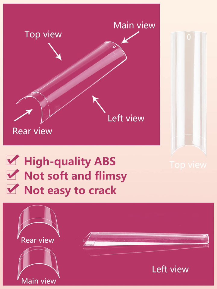 500Pcs No C Curve Clear Nail Tips for Acrylic Nails Professional, Tapered Square Nail Tips, XXL Extra Long Straight Nail Tips, Half Cover French Fake Nails for Nail Salon and DIY Nail Art 10 Sizes