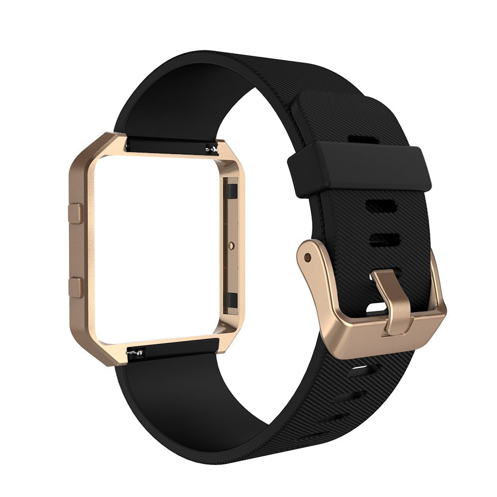 Sport Band Compatible with Fitbit Blaze Smartwatch Sport Fitness, Silicone Wrist Band with Meatl Frame Replacement for Fitbit Blaze Men Women, Small, Black+Rose Gold Frame