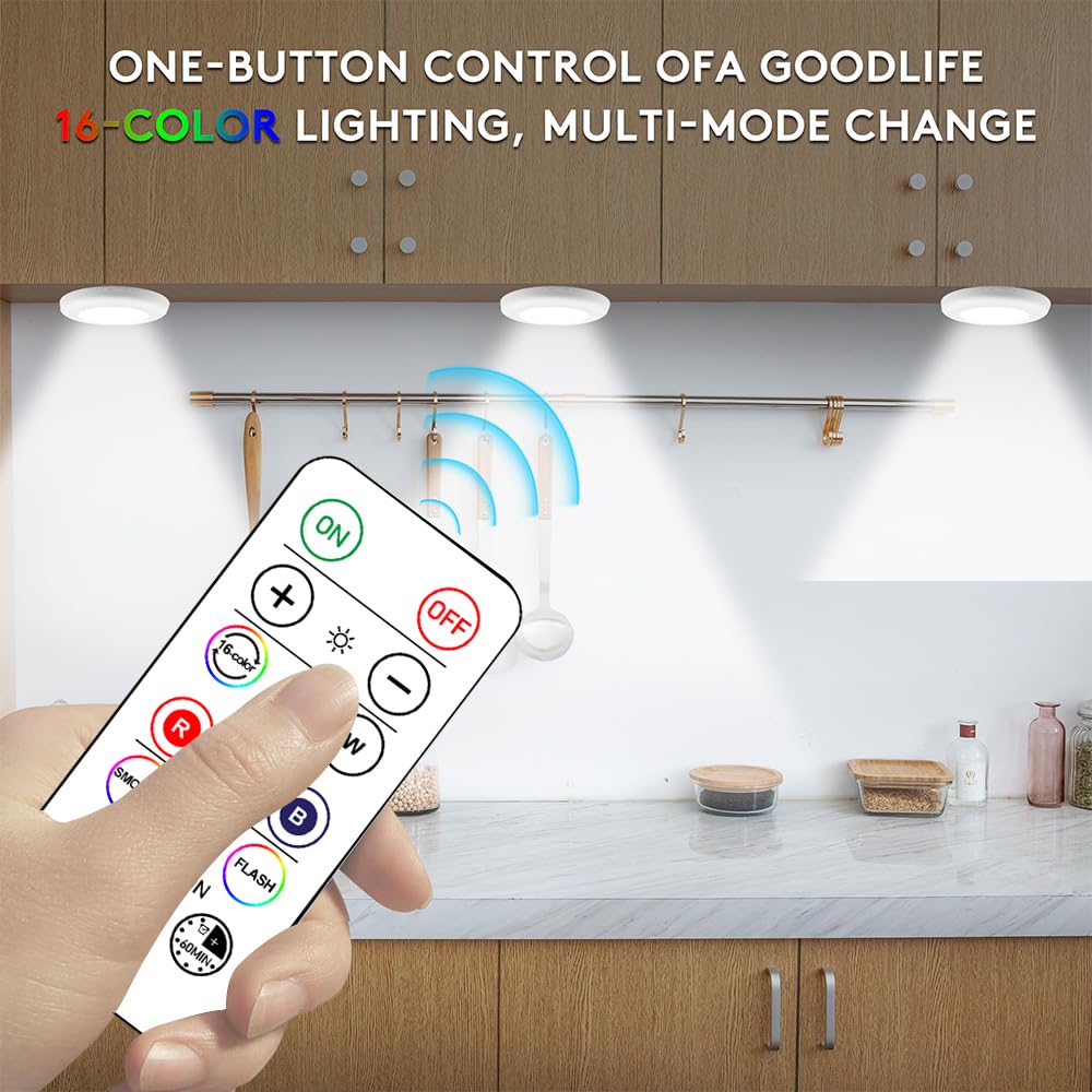 Wireless 16 Color Changing LED Puck Light 12 Pack LED Under Cabinet Lighting Closet Light Battery Powered Night Lights with Remote Control Dimmer &amp; Timing Function