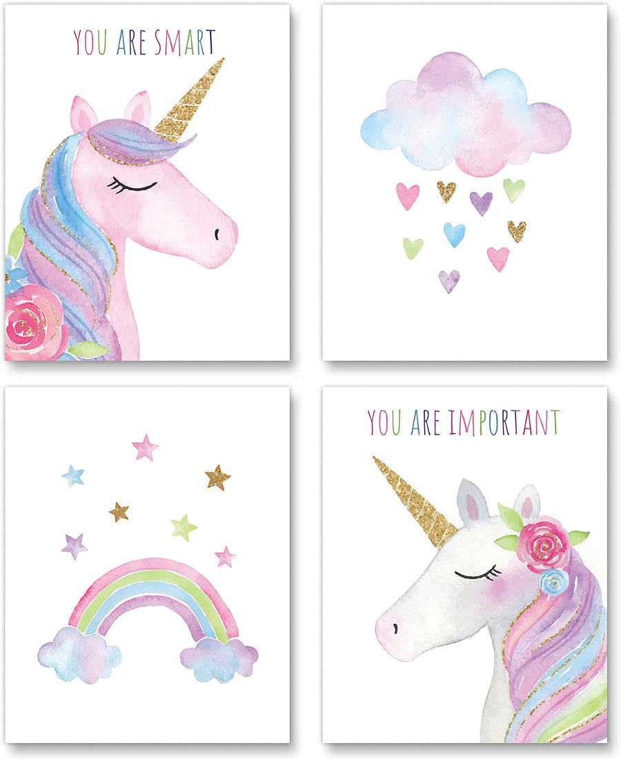 Watercolor Unicorn Nursery Wall Art Girls Room Decor Inspirational Rainbow Flower prints Baby Girls Room Poster Colorful Picture Cute Paintings for Kids Room Lovely Gift (8x10 inch,Set of 4,Unframed)