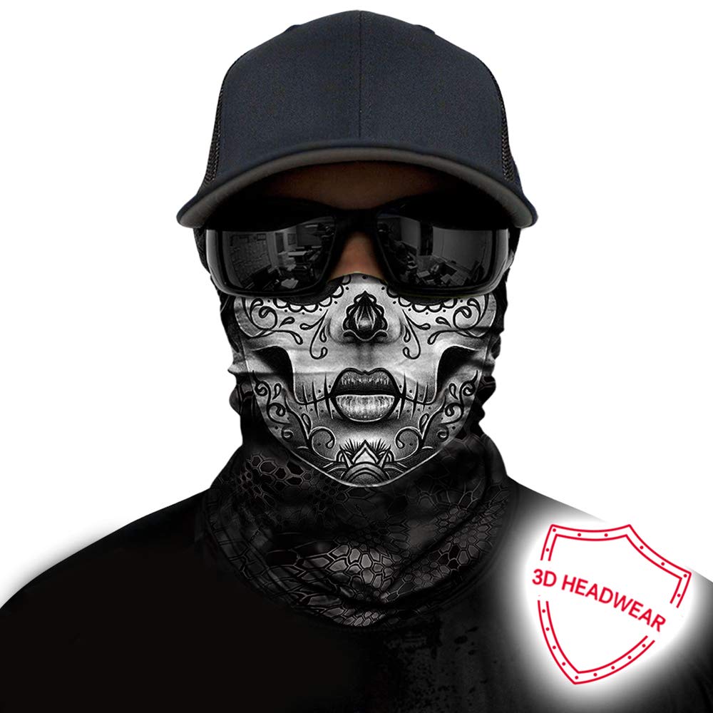 Skull Face Mask for Women Dust Wind UV Sun Protection Seamless Bandana Face Mask for Rave Festival Motorcycle Riding Biker Fishing Hunting Outdoor Running 3D Tube Mask (Gray Flower Face Mask)