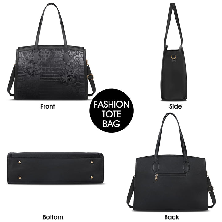 Laptop Bag for Women 15.6 Inch Laptop Tote Bags PU Leather Lightweight Womens Computer Bag Office Shoulder Bag Handbag Large Capacity Fashion Work Briefcase Bag 2PCs Black Crocodile Pattern