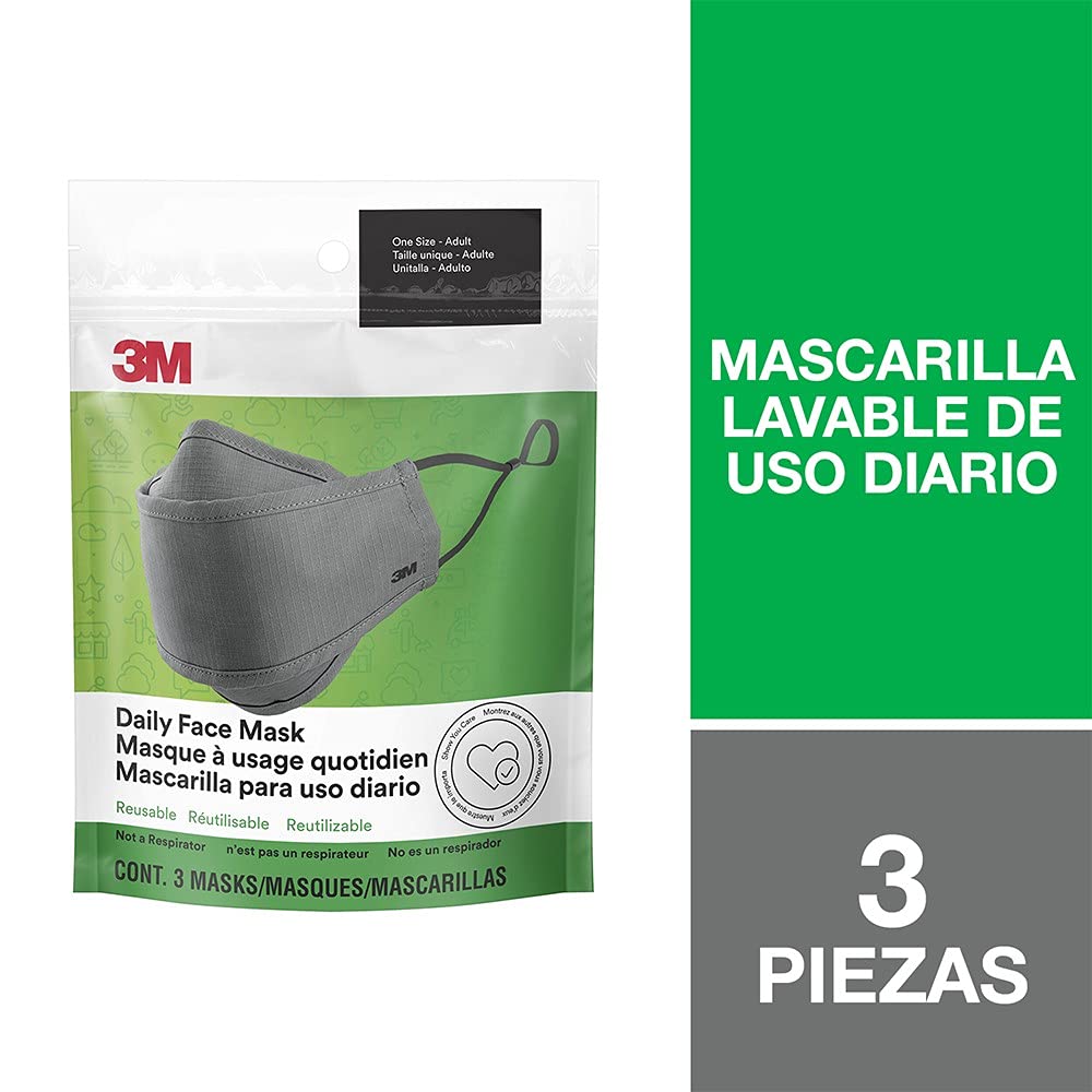 3M Daily Face Mask, Reusable, Washable, Adjustable Ear Loops, Lightweight Cotton Fabric, 3 Pack