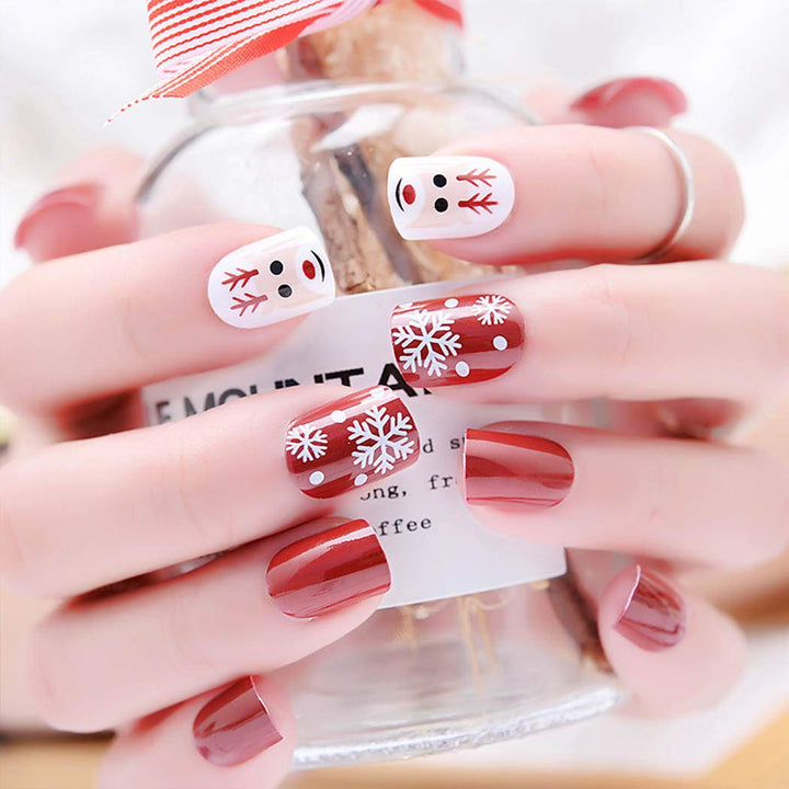Press on Nails Short Square Fake Red Nails for Christmas Snowflake False Nails with Designs Reindeer Nails Full Cover Artificial Nails Acrylic Nails Stick on Nails for Women and Girls Gifts