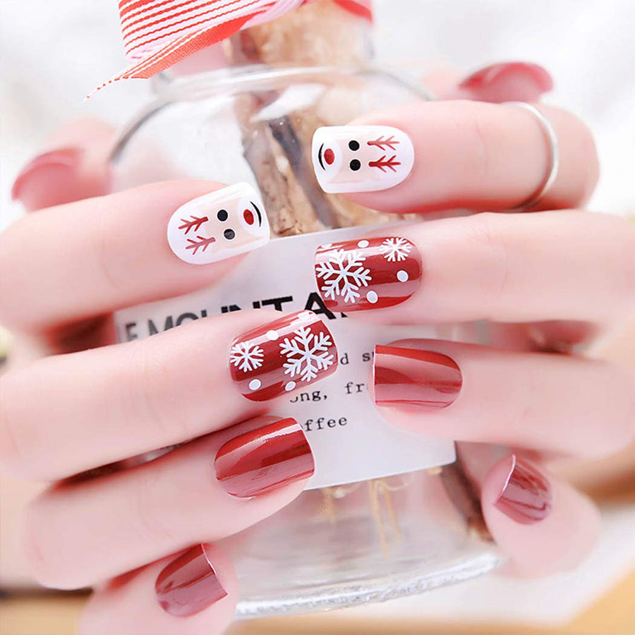 Press on Nails Short Square Fake Red Nails for Christmas Snowflake False Nails with Designs Reindeer Nails Full Cover Artificial Nails Acrylic Nails Stick on Nails for Women and Girls Gifts