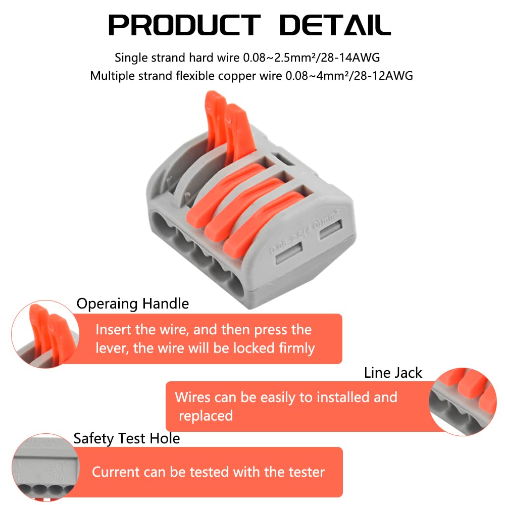70 PCS Lever Nut Assortment Lever Wire Connector Nuts Conductor Compact Splicing Wire Connectors 2/3/4/5/8 Port