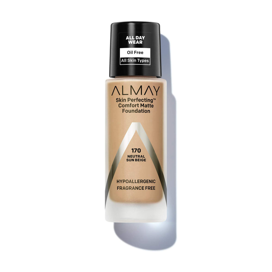 Skin Perfecting Comfort Matte Foundation, Hypoallergenic, Cruelty Free, -Fragrance Free, Dermatologist Tested Liquid Makeup, Neutral Sun Beige, 1 Fluid Ounce